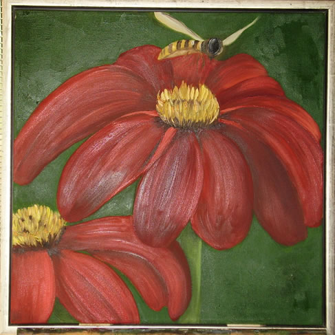 Rød blomst med svæveflue